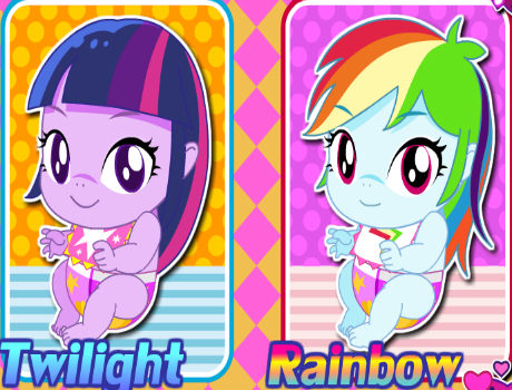 Twilight és Rainbow babák öltöztetős lovas játék